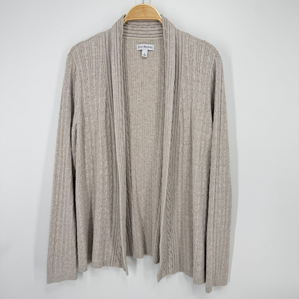 Kim Rogers Cardigan‎ Sweater Womens Large Beige Excellent Cotton Cable Knit Open